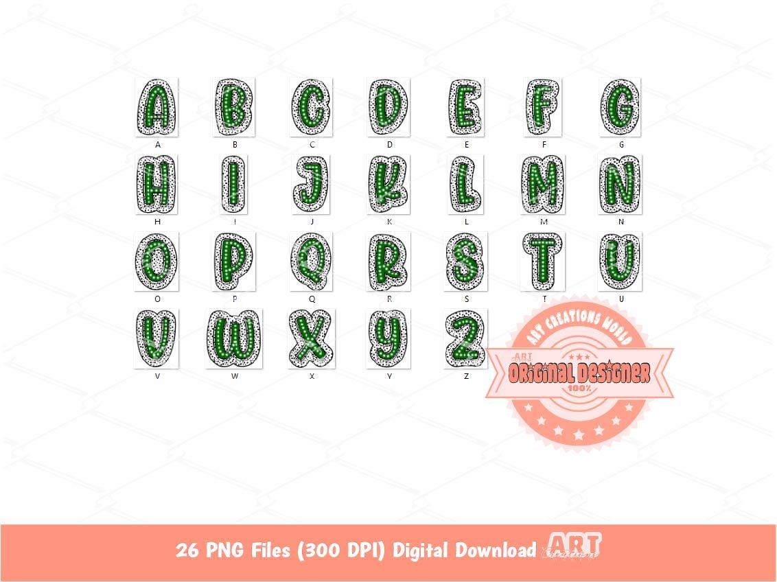 Green Dalmatian Letters PNG, Hand Drawn Dark Green Doodle Alpha A-Z Set Clipart Dots Alphabet for Sublimation and DTF Digital Download
