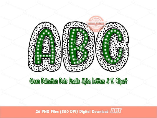 Green Dalmatian Letters PNG, Hand Drawn Dark Green Doodle Alpha A-Z Set Clipart Dots Alphabet for Sublimation and DTF Digital Download