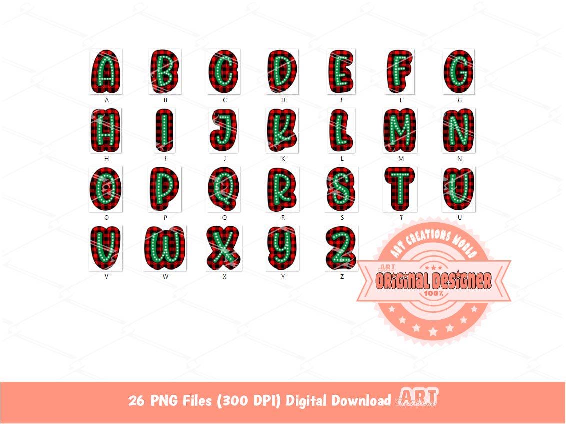 Christmas Doodle Letters PNG, Hand Drawn Green red Buffalo Plaid Bright Alpha A-Z Set Clipart Alphabet for Sublimation and DTF Download