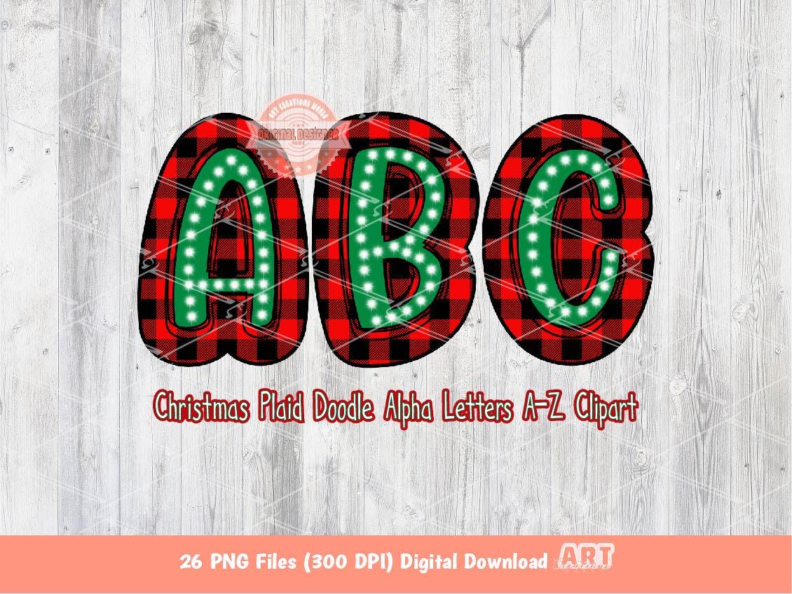 Christmas Doodle Letters PNG, Hand Drawn Green red Buffalo Plaid Bright Alpha A-Z Set Clipart Alphabet for Sublimation and DTF Download
