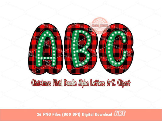 Christmas Doodle Letters PNG, Hand Drawn Green red Buffalo Plaid Bright Alpha A-Z Set Clipart Alphabet for Sublimation and DTF Download