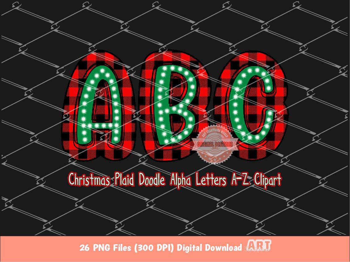 Christmas Doodle Letters PNG, Hand Drawn Green red Buffalo Plaid Bright Alpha A-Z Set Clipart Alphabet for Sublimation and DTF Download