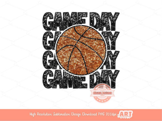 Game Day Basketball PNG, Faux Embroidery Glitter Sequin Basketball ball Png Sublimation Shirt Design Digital Download