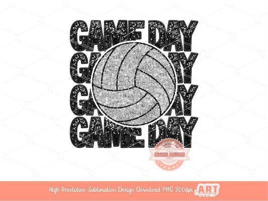 Game Day Volleyball PNG, Faux Embroidery Glitter Sequin Volleyball ball Png Sublimation Shirt Design Digital Download