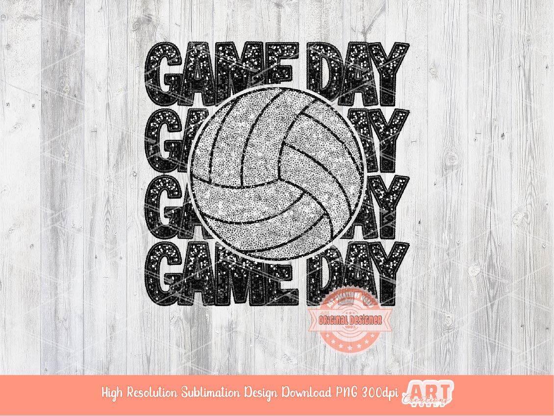 Game Day Volleyball PNG, Faux Embroidery Glitter Sequin Volleyball ball Png Sublimation Shirt Design Digital Download