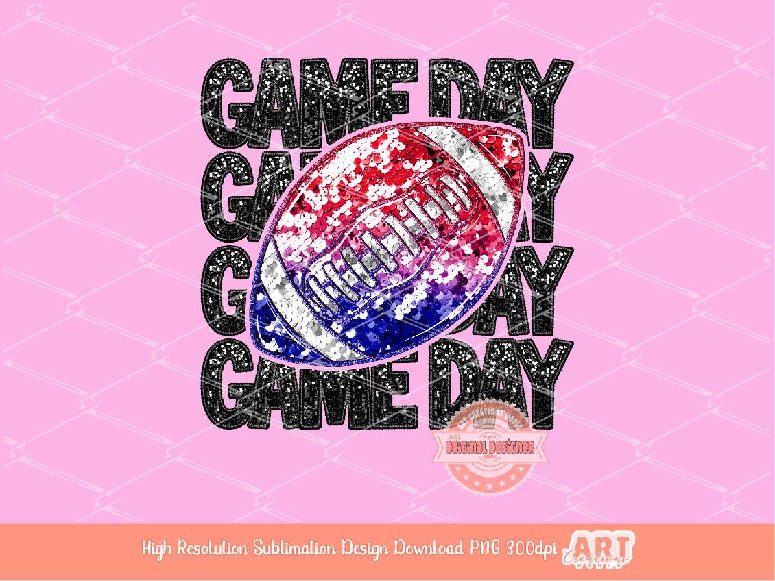 Game Day Sequin Football PNG, Faux Embroidery Glitter Red and Blue Football ball Png Sublimation Shirt Design Digital Download