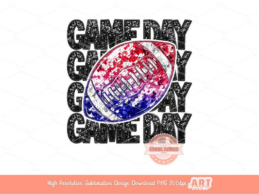 Game Day Sequin Football PNG, Faux Embroidery Glitter Red and Blue Football ball Png Sublimation Shirt Design Digital Download