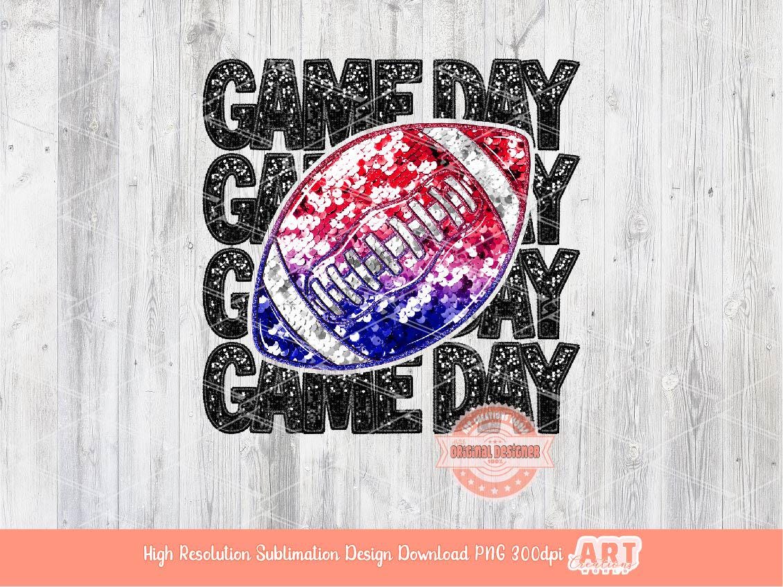 Game Day Sequin Football PNG, Faux Embroidery Glitter Red and Blue Football ball Png Sublimation Shirt Design Digital Download