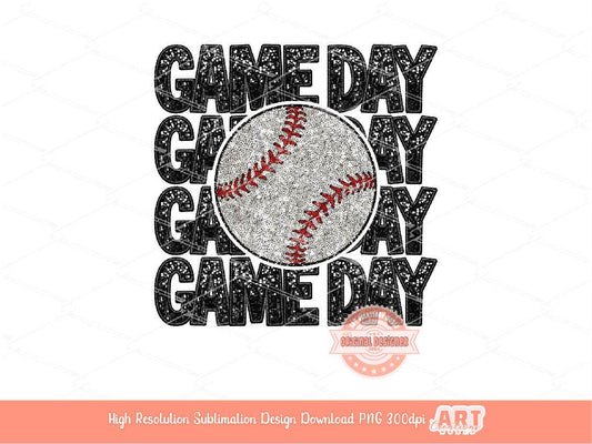 Game Day Baseball PNG, Faux Embroidery Glitter Sequin Baseball ball Png Sublimation Shirt Design Digital Download