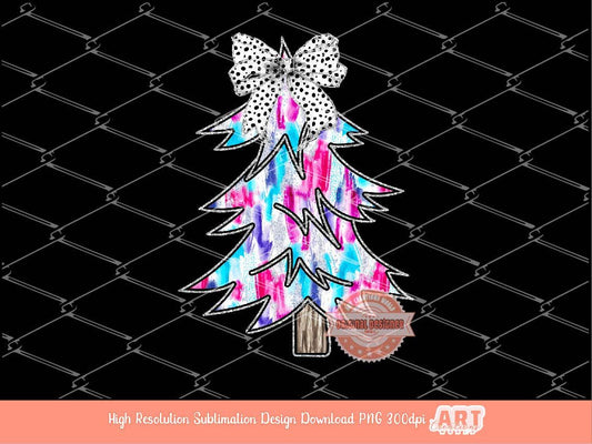 Colorful Coquette Silver Glitter Christmas Tree PNG, Hand Drawn Dalmatian Bow Shirt Design bright Paint Brush Stroke Sublimation & Dtf file