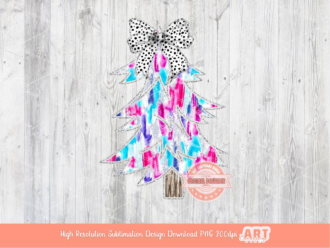 Colorful Coquette Silver Glitter Christmas Tree PNG, Hand Drawn Dalmatian Bow Shirt Design bright Paint Brush Stroke Sublimation & Dtf file