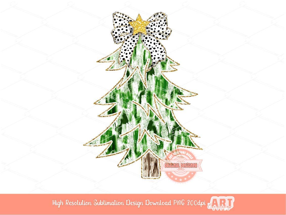 Green Coquette Gold Glitter Christmas Tree PNG, Hand Drawn Dalmatian Bow Girls Shirt Design bright Paint Brush Stroke Sublimation & Dtf file