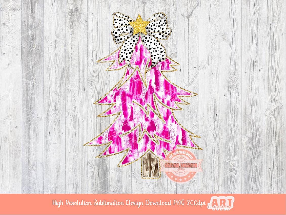 Pink Coquette Gold Glitter Christmas Tree PNG, Hand Drawn bright Paint Brush Stroke Tree Dalmatian Bow Shirt Design Sublimation & Dtf file