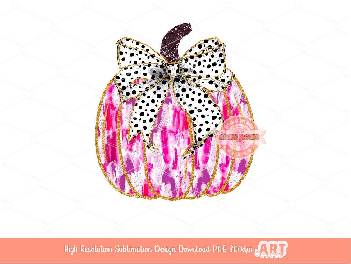 Colorful Coquette Pumpkin PNG, Hand Drawn bright Pink Paint Brush Stroke Dalmatian Bow Fall Thanksgiving Shirt Design Sublimation & Dtf file