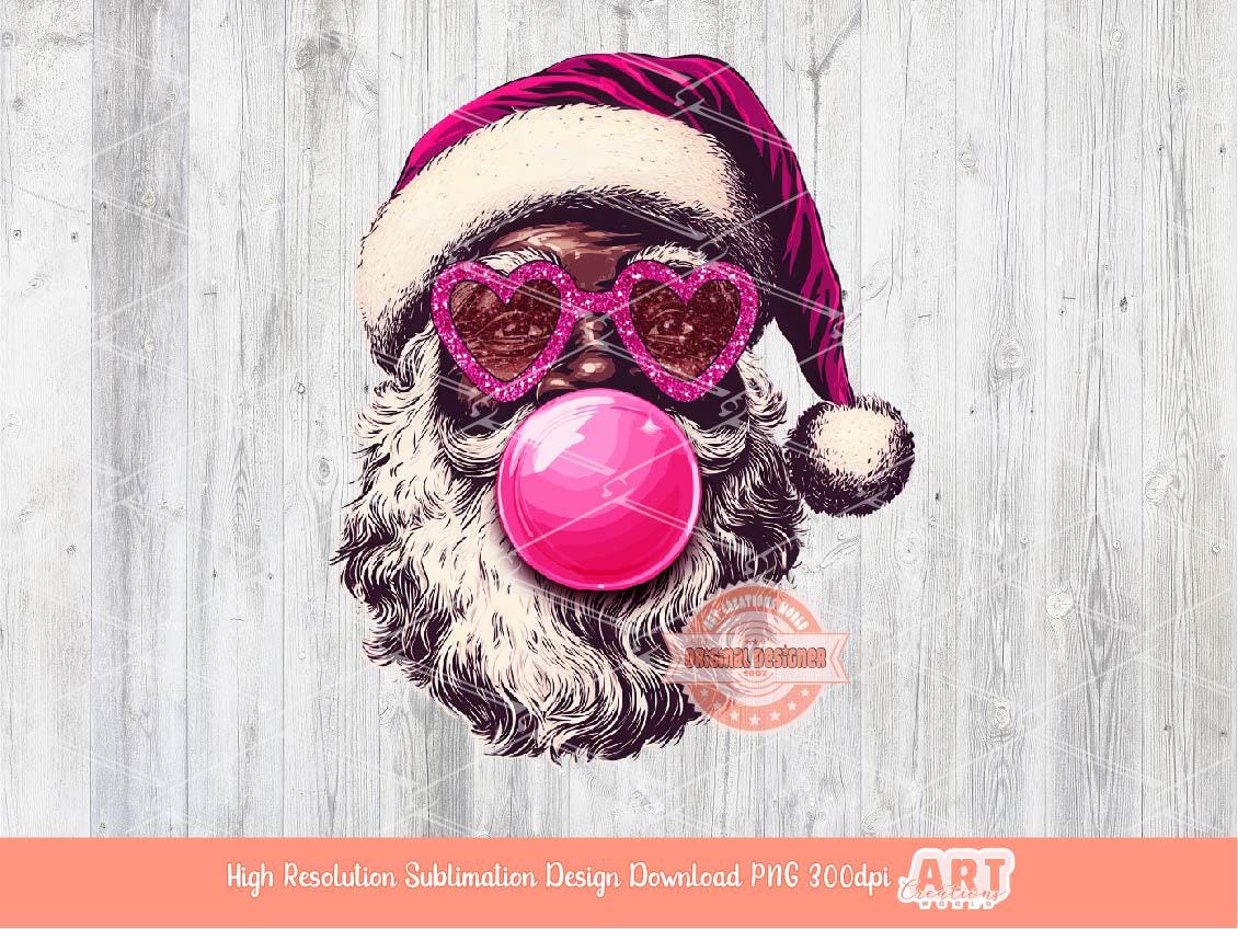 Coquette Black Santa PNG, Retro vintage Santa face with bubble gum Pink Sunglasses Christmas Shirt Design Sublimation & Dtf File Digital