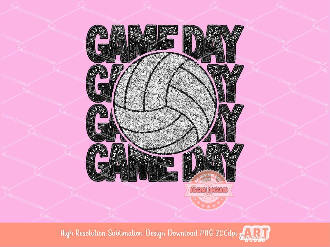 Game Day Volleyball PNG, Faux Embroidery Glitter Sequin Volleyball ball Png Sublimation Shirt Design Digital Download