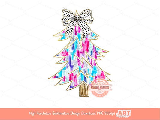 Colorful Coquette Gold Glitter Christmas Tree PNG, Hand Drawn Dalmatian Bow Shirt Design bright Paint Brush Stroke Sublimation & Dtf file