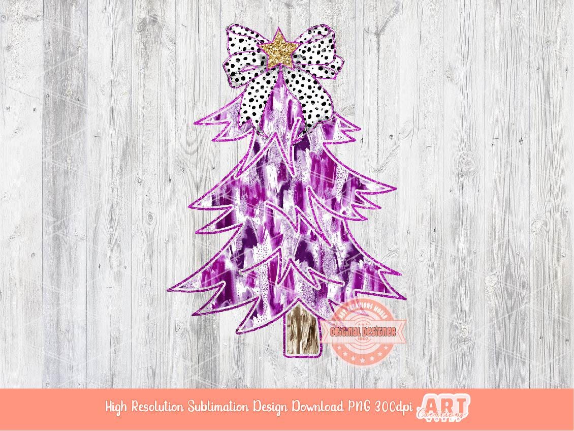 Colorful Coquette Pink Glitter Christmas Tree PNG, Hand Drawn Dalmatian Bow Shirt Design bright Paint Brush Stroke Sublimation & Dtf file