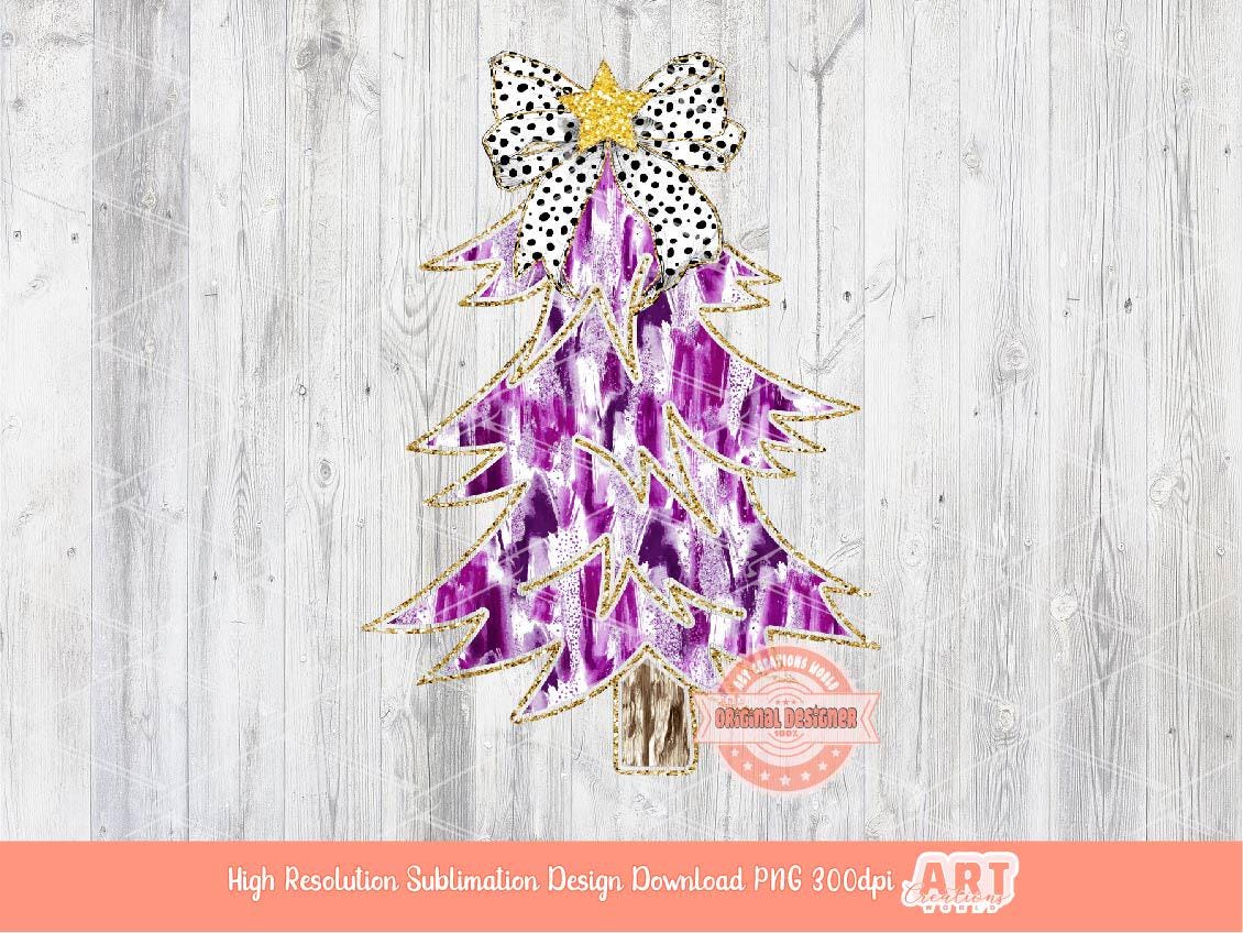 Purple Coquette Gold Glitter Christmas Tree PNG, Hand Drawn Dalmatian Bow Shirt Design bright Paint Brush Stroke Sublimation & Dtf file