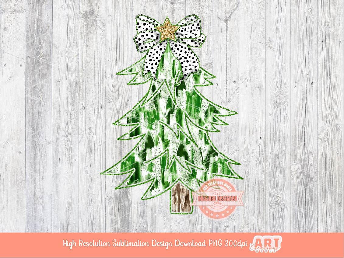 Colorful Coquette Green Glitter Christmas Tree PNG, Hand Drawn Dalmatian Bow Shirt Design bright Paint Brush Stroke Sublimation & Dtf file
