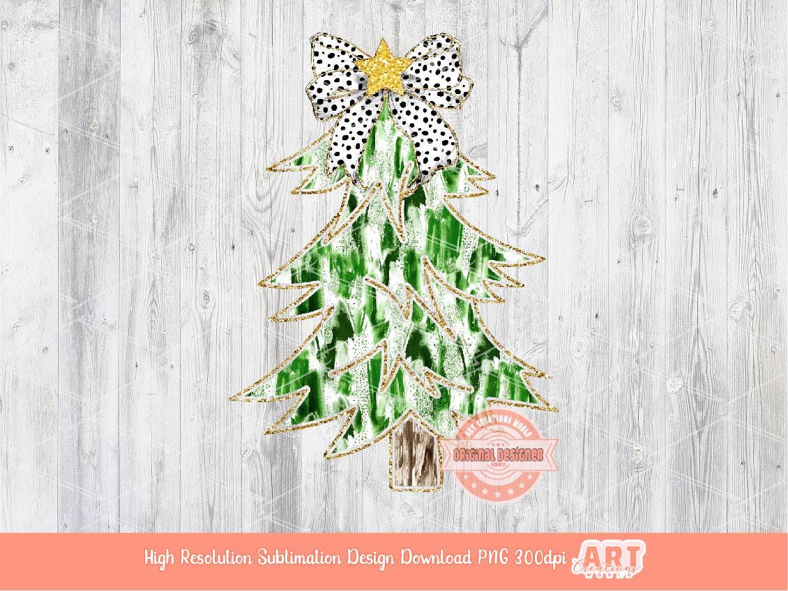 Green Coquette Gold Glitter Christmas Tree PNG, Hand Drawn Dalmatian Bow Girls Shirt Design bright Paint Brush Stroke Sublimation & Dtf file
