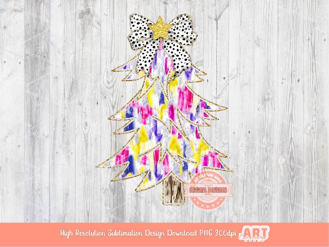 Colorful Coquette Gold Christmas Tree PNG, Hand Drawn Dalmatian Bow Girls Shirt Design bright Paint Brush Stroke Sublimation & Dtf file
