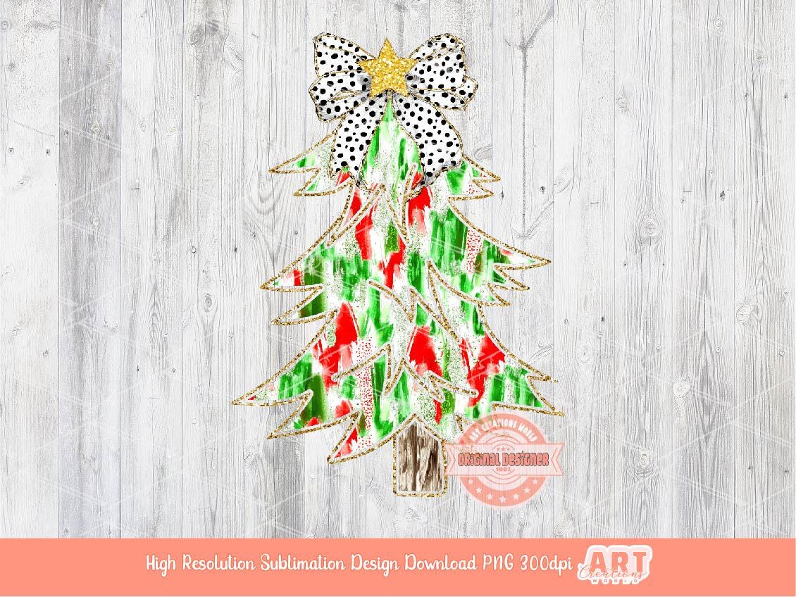 Coquette Gold Christmas Tree PNG, Hand Drawn bright Red Green Paint Brush Stroke Dalmatian Bow Girls Shirt Design Sublimation & Dtf file