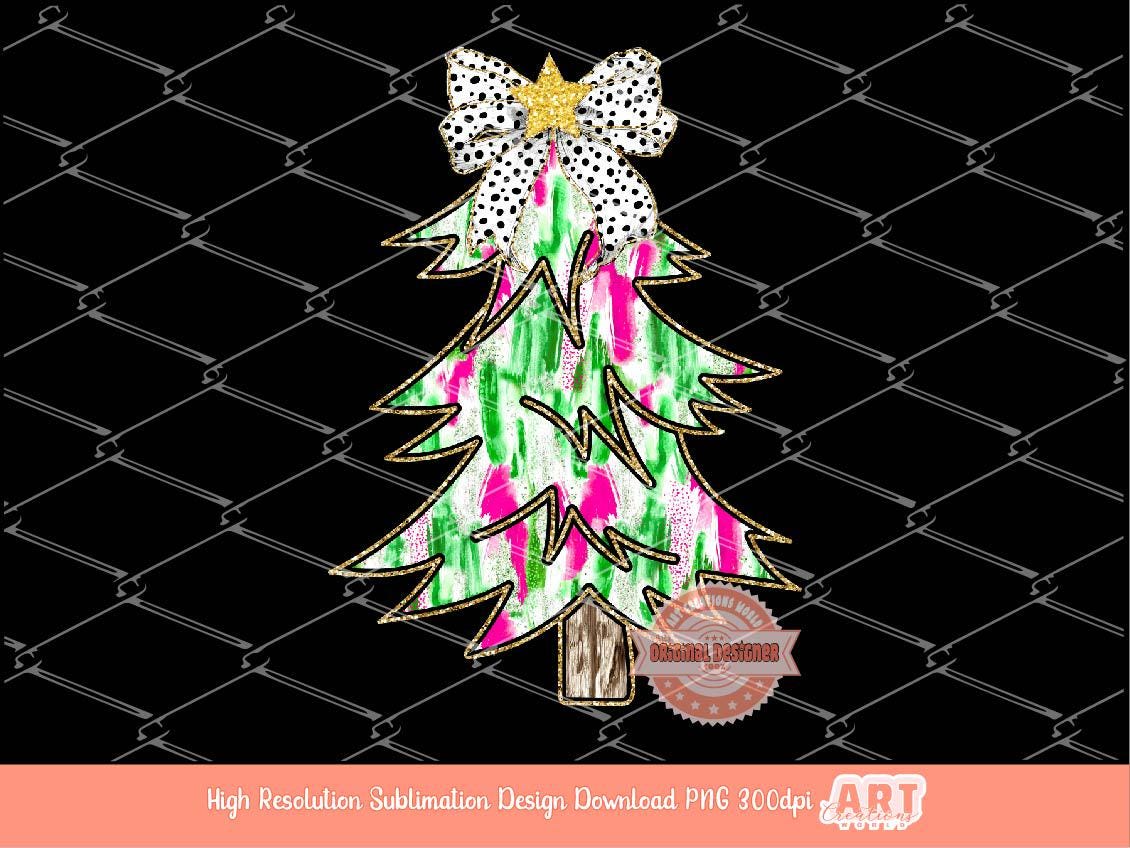 Colorful Coquette Gold Christmas Tree PNG, Hand Drawn bright Pink Green Paint Brush Stroke Dalmatian Bow Shirt Design Sublimation & Dtf file