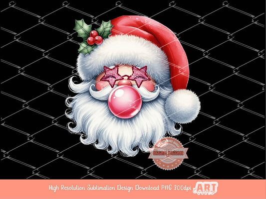 Coquette Santa PNG, Retro vintage Cute Santa face with bubble gum Pink Glitter Star Sunglasses Christmas Shirt Design Sublimation & Dtf File