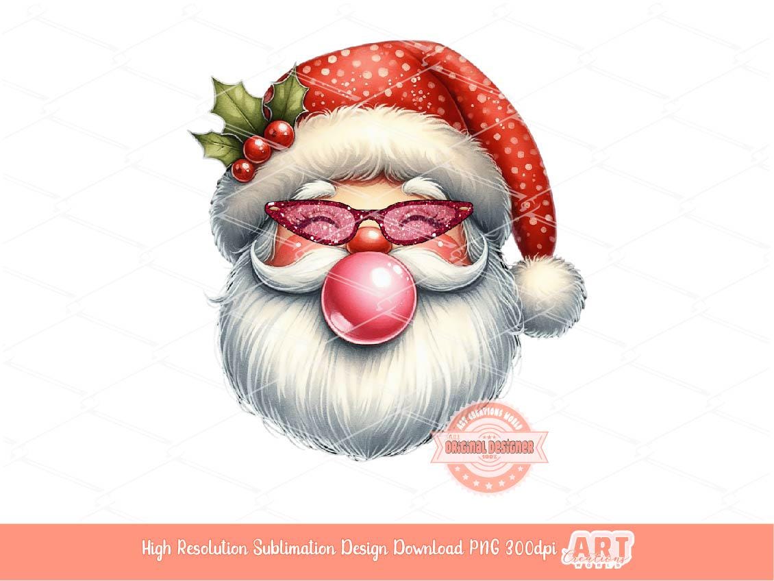 Coquette Santa PNG, Retro vintage Cute Santa face with bubble gum Red Glitter Star Sunglasses Christmas Shirt Design Sublimation & Dtf File