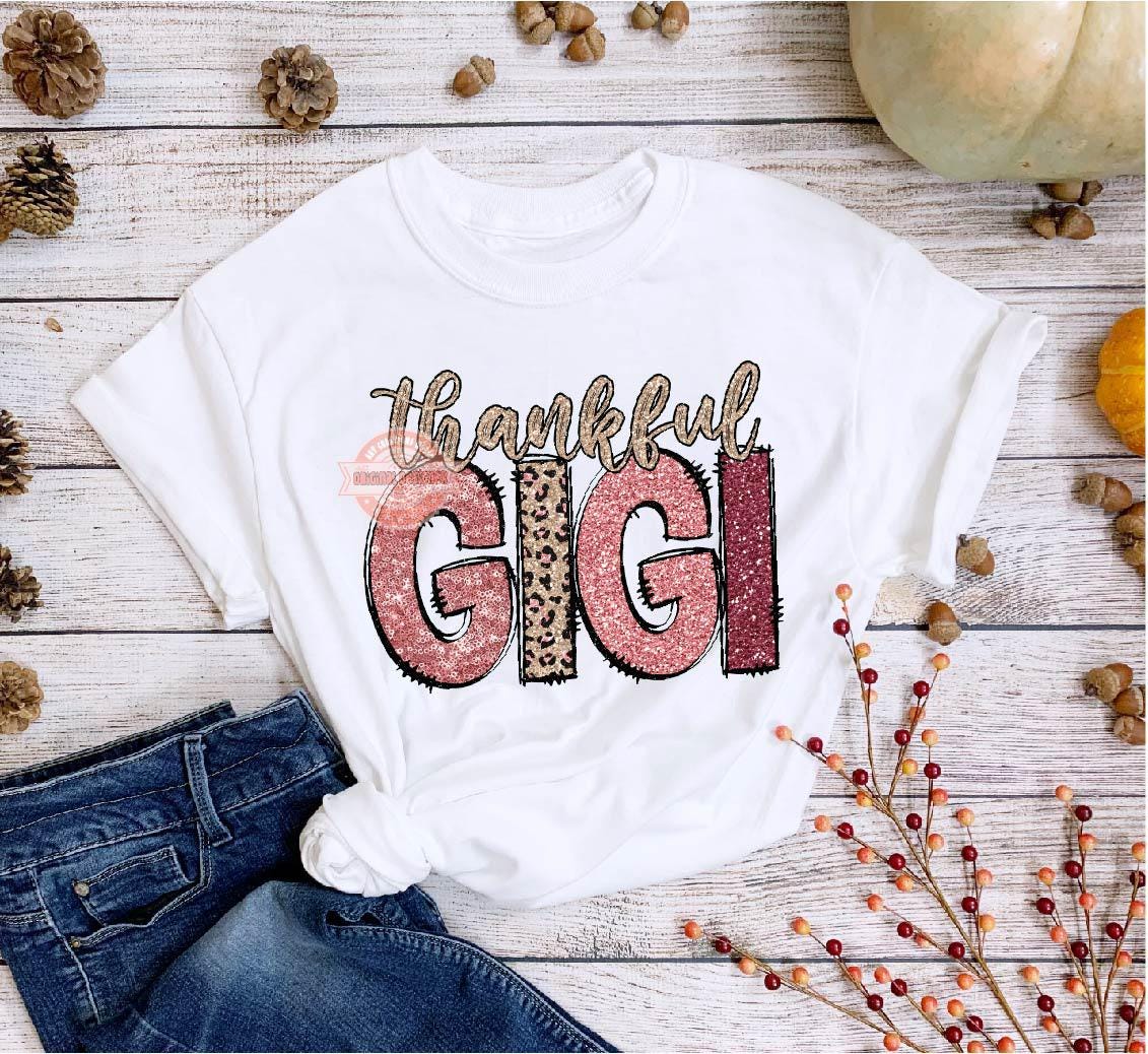 Thankful Gigi PNG, Sequin Glitter Pink Leopard Thanksgiving Grandma Png for Sublimation, Cute doodle letters Shirt design Digital Download