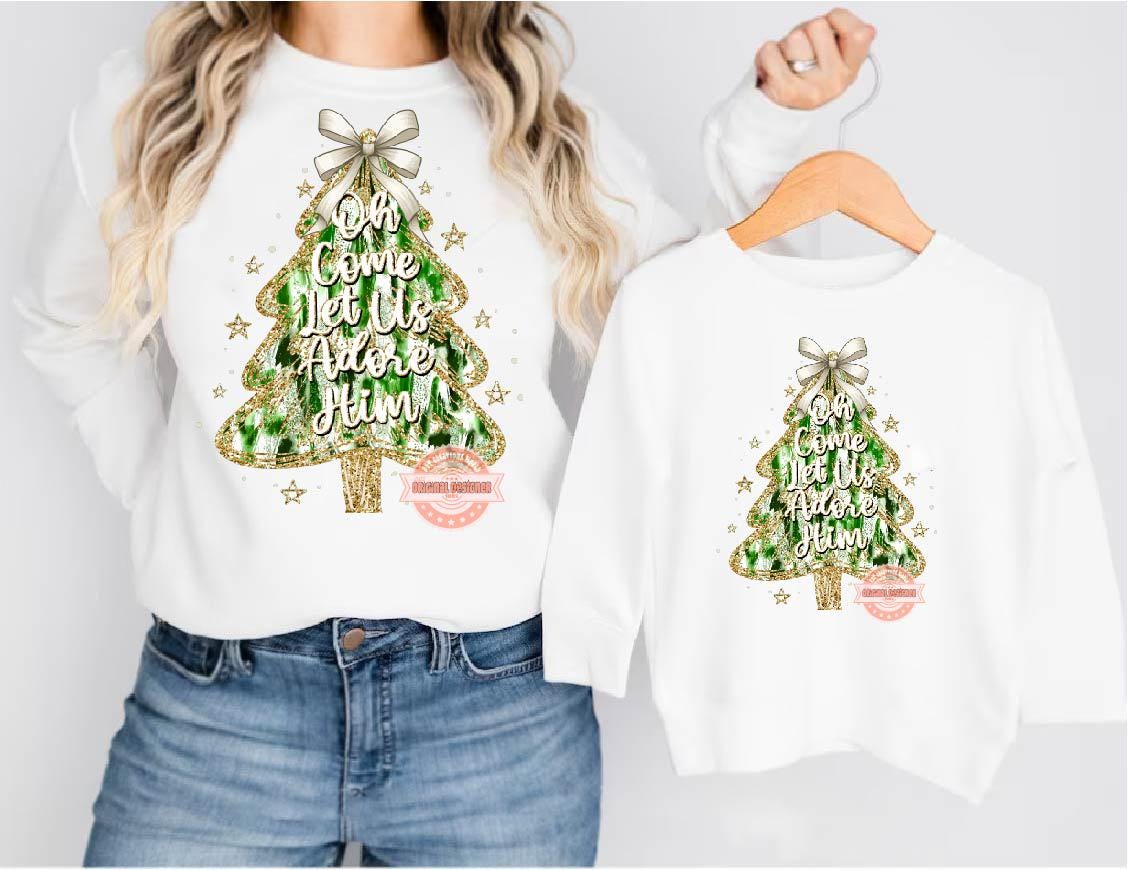 Oh Come Let Us Adore Him Christmas Tree PNG, Coquette Gold Glitter Green Paint brushstroke Christian Holiday Shirt Design Sublimation & Dtf
