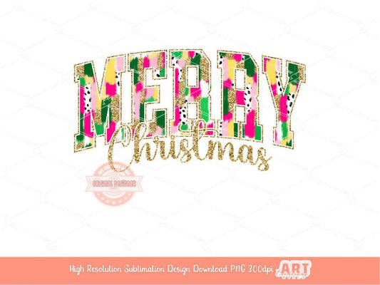 Merry Christmas Varsity PNG Gold Glitter Colorful Brushstroke Christmas shirt design trendy PNG file for Sublimation & DTF Digital download