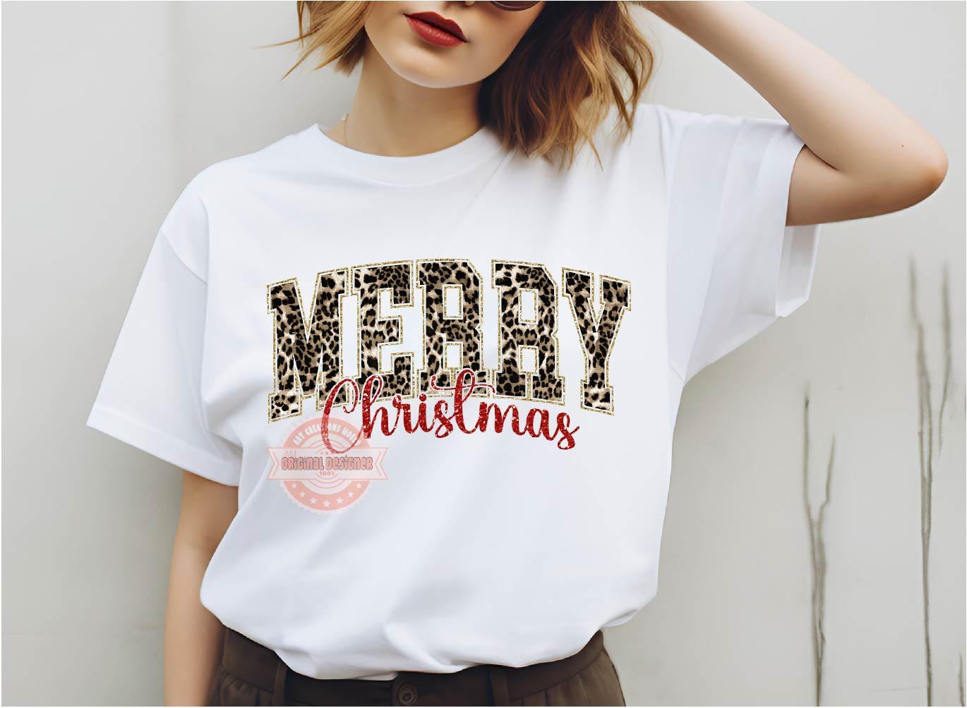 Merry Christmas Varsity PNG Gold Red Glitter Leopard Print Western shirt design retro trendy PNG file for Sublimation & DTF Digital download