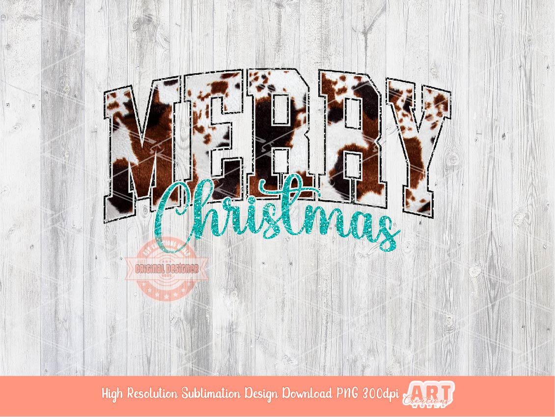 Merry Christmas Varsity PNG Turquoise Glitter Cowhide Western Cowgirl shirt design trendy PNG file for Sublimation & DTF Digital download