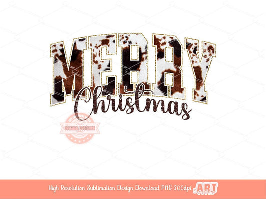 Merry Christmas Varsity PNG Brown Black Glitter Cowhide Western Cowgirl shirt design trendy PNG file for Sublimation & DTF Digital download