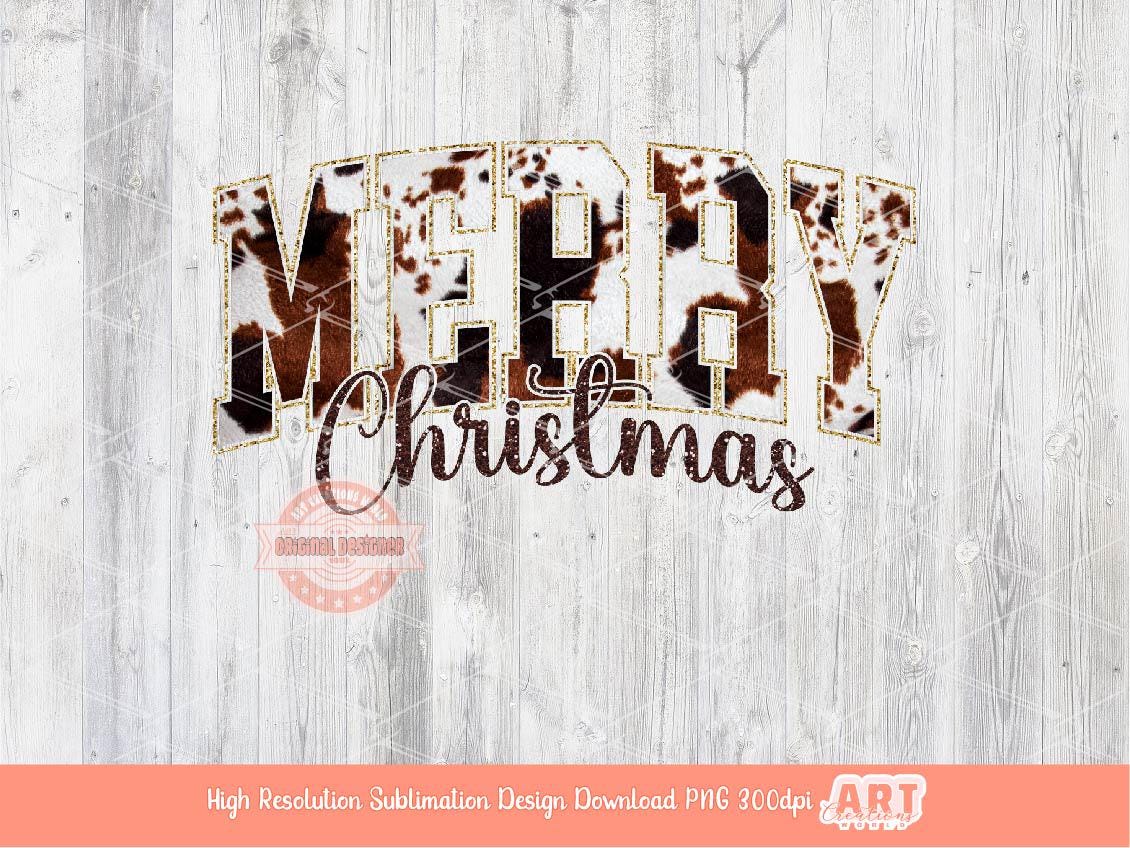 Merry Christmas Varsity PNG Brown Black Glitter Cowhide Western Cowgirl shirt design trendy PNG file for Sublimation & DTF Digital download
