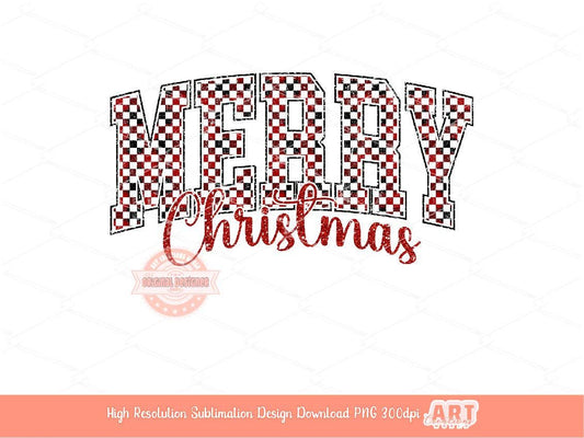 Merry Christmas Varsity PNG Red Black Glitter Checkered Christmas shirt design Retro trendy PNG file for Sublimation & DTF Digital download