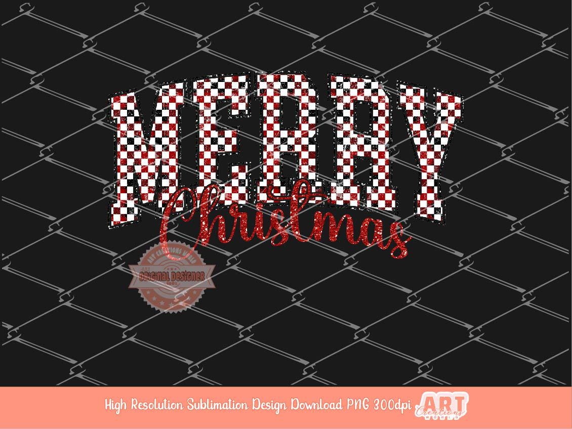 Merry Christmas Varsity PNG Red Black Glitter Checkered Christmas shirt design Retro trendy PNG file for Sublimation & DTF Digital download