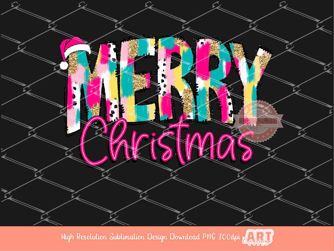 Merry Christmas PNG Gold Glitter Colorful Brushstroke Preppy Pink Christmas shirt design trendy PNG for Sublimation & DTF Digital download