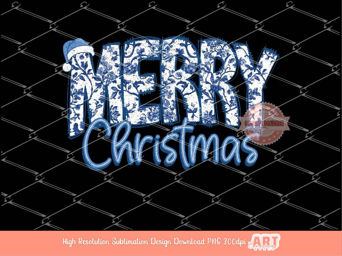 Merry Christmas PNG Blue Willow Chinoiserie Floral Christmas shirt design trendy PNG for Sublimation & DTF Digital download