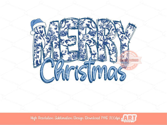 Merry Christmas PNG Blue Willow Chinoiserie Floral Christmas shirt design trendy PNG for Sublimation & DTF Digital download