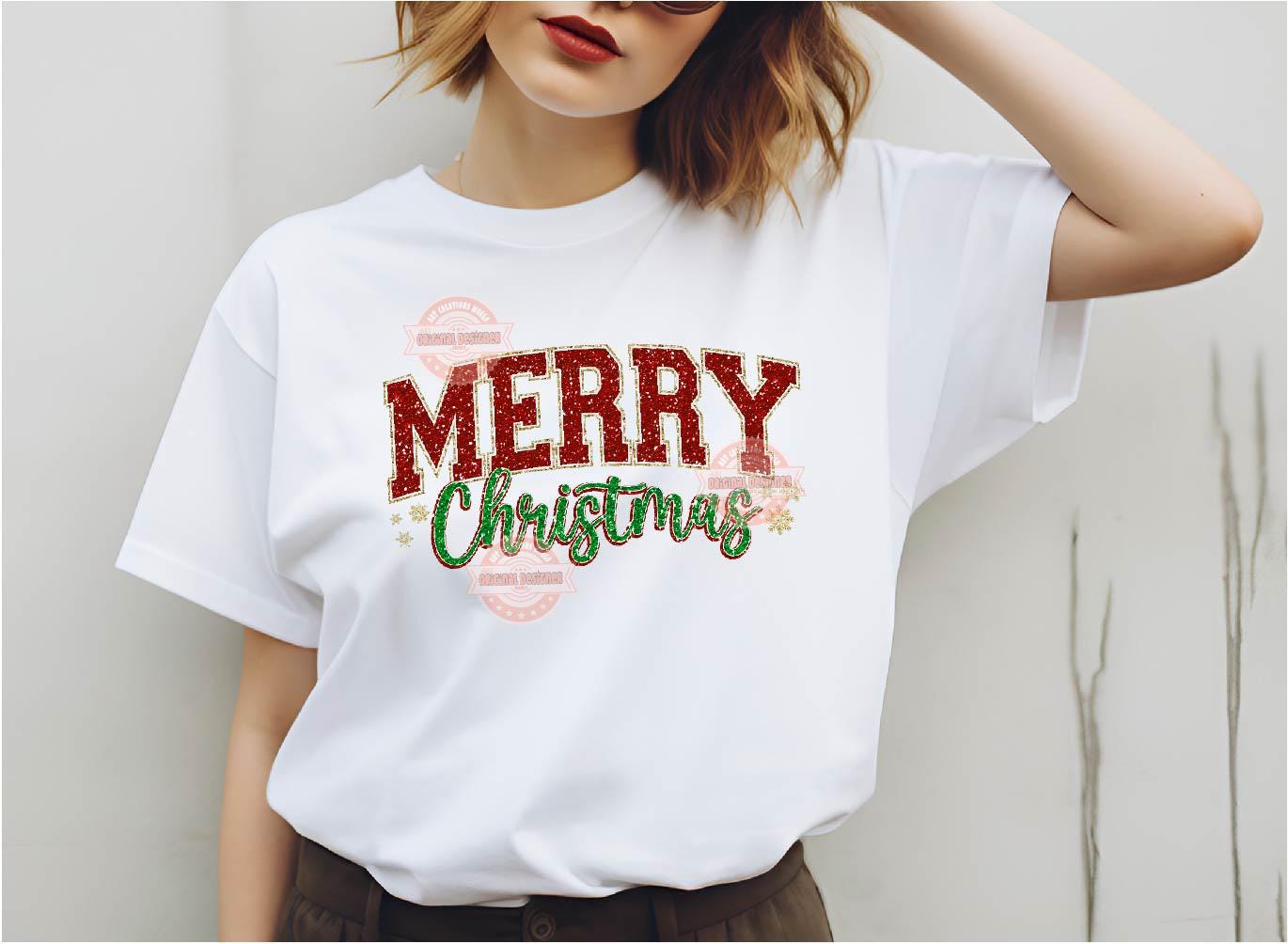 Merry Christmas Glitter Varsity PNG Gold Red Green Sparkle Girls shirt design retro trendy PNG file for Sublimation & DTF Digital download