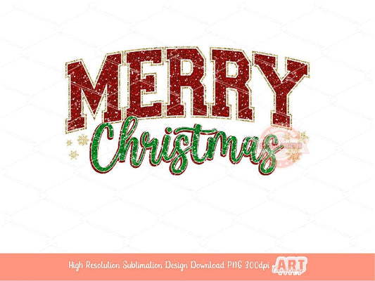 Merry Christmas Glitter Varsity PNG Gold Red Green Sparkle Girls shirt design retro trendy PNG file for Sublimation & DTF Digital download