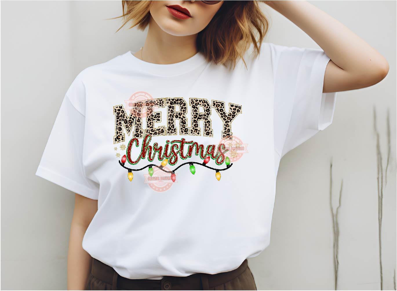 Leopard Merry Christmas Varsity PNG Gold Red Green Glitter Sparkle Xmas Lights Girls shirt design PNG for Sublimation & DTF Digital download