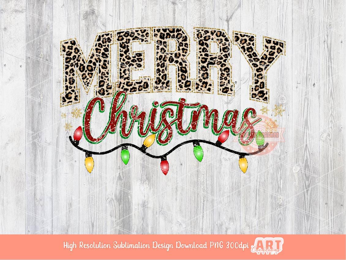 Leopard Merry Christmas Varsity PNG Gold Red Green Glitter Sparkle Xmas Lights Girls shirt design PNG for Sublimation & DTF Digital download