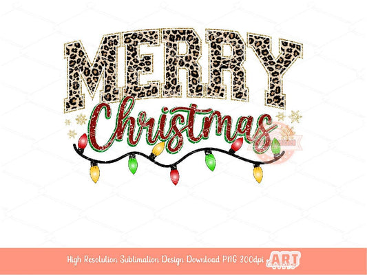 Leopard Merry Christmas Varsity PNG Gold Red Green Glitter Sparkle Xmas Lights Girls shirt design PNG for Sublimation & DTF Digital download