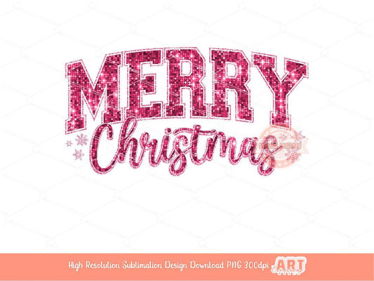 Pink Merry Christmas Varsity PNG Disco sequin glitter Christmas Girls shirt design trendy PNG File for Sublimation & DTF Digital download