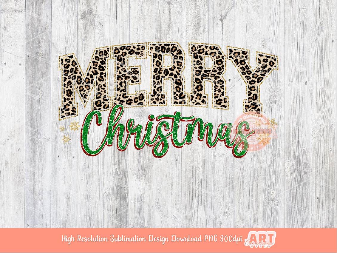 Merry Christmas Leopard Varsity PNG Gold Green Glitter Sparkle Girls shirt design retro trendy PNG for Sublimation & DTF Digital download
