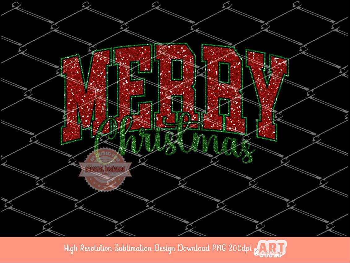 Merry Christmas Varsity PNG Glitter Christmas shirt design Retro trendy red green holiday PNG file for Sublimation and DTF Digital download